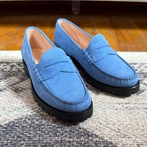 Women’s J. Crew Blue Suede Loafers with Lug Sole Size 8